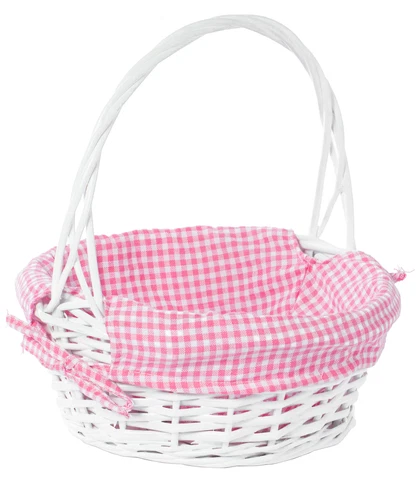 New White Round Willow Gift Basket, with Gingham Liner and Handles Cover