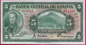 BOLIVIA 5 BOLIVIANOS 1928 XF (2 NOTES IN SEQUENCE)PORTRAIT OF SIMON BOLIVAR IN O - Picture 1 of 4