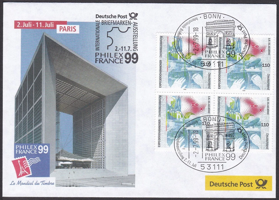 PEX0030 Intl. Stamp Exhibit. Germany Cover, PHILEX FRANCE 1999, Triumphal Arch - Image 1 of 1