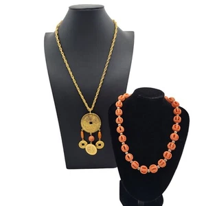 Lot of 2 Necklaces Gold tone pendant & a choker Orange accents Statement Unique - Picture 1 of 8