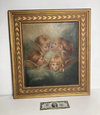Антикварная винтажная оригинальная картина маслом — пять светлых ангелов-херувимов — подпись, 1879 г. - Изображение 1 из 4