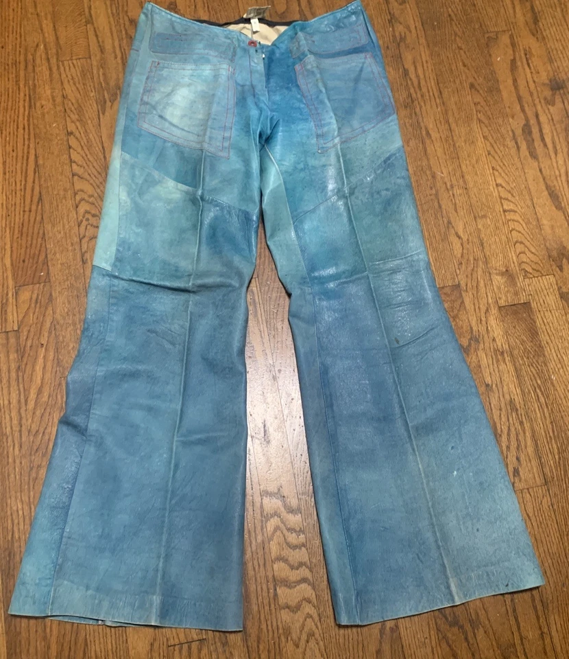 Calça de Couro Feminina Miura Vintage Estilo Hippie Azul Verde Bell Bottoms Inglaterra - Imagem 1 de 4