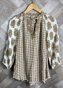 MONSOON Cream & Brown Boho Tunic Kaftan Blouse Top Size UK 10 - Picture 1 of 21