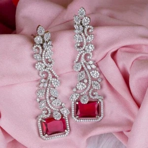 42.30TCW Simulated Pink Ruby & White Sapphire Earrings In 935 Argentium Silver - Picture 1 of 6