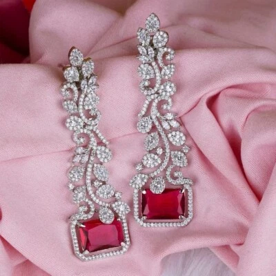 42.30TCW Simulated Pink Ruby & White Sapphire Earrings In 935 Argentium Silver - Image 1 of 4