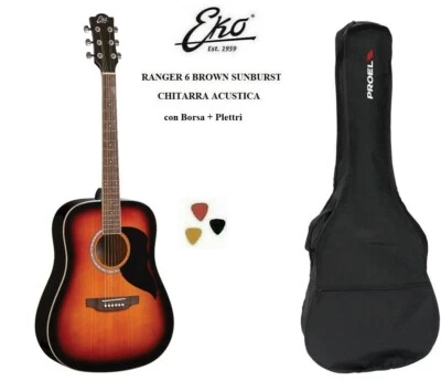 EKO RANGER 6 BROWN SUNBURST CHITARRA ACUSTICA FOLK CON BORSA + 3 PLETTRI - Immagine 1 di 4