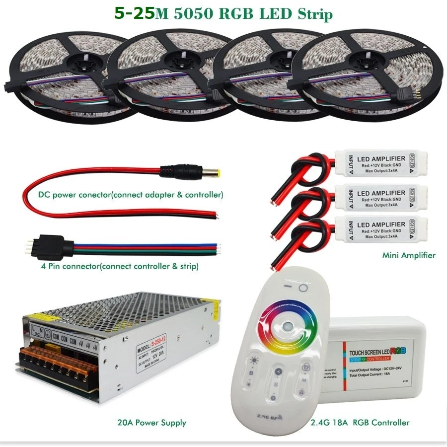 DC 12V 5050 RGB 300Led Strip light IP20/IP65 + RF controller +Power adapter kit - Image 1 of 1