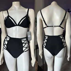 Black 2 Piece Swimsuit Boy Shorts w/Side Cut Outs Bikini Top w/Cut Outs  - Picture 1 of 6