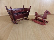 Doll House Nursery Set Sit on Rocking Horse and Babies Cot Wooden