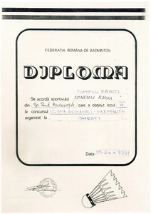 Rumänien, 1991, Rumänischer Badmintonverband Diplom - Bild 1 von 1