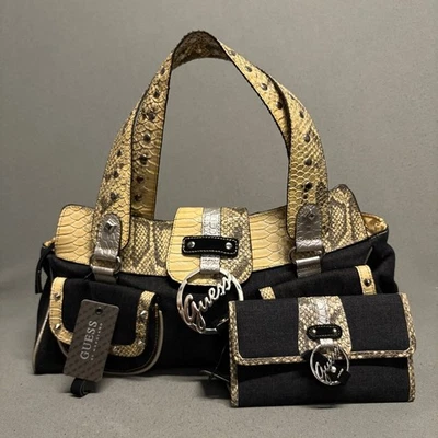 Guess Dolce Denim Shoulder Bag & Wallet Black Snake Trim Top Handle DE407317 - Image 1 of 4