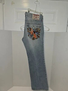 True Religion Billy World Tour Denim Jeans Embroidered Pocket Sz 36X33 Koi Art - Picture 1 of 24