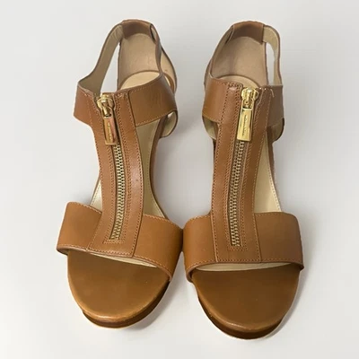 Michael Kors Womens 9.5 Berkley Leather Block-Heel Sandal Zipper Tan Brown - Image 1 of 4