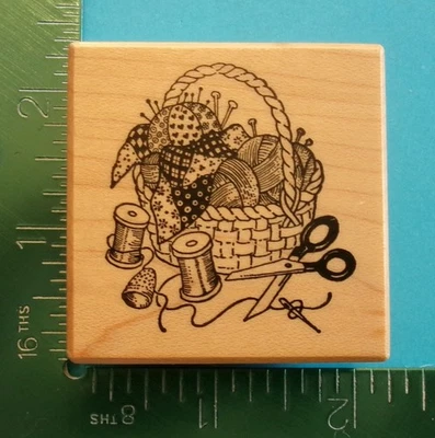 PSX Designs E-592 SEWING BASKET Rubber Stamp Thread Scissors Fabric Yarn - Image 1 of 2