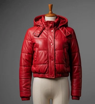 Women’s Red Leather Puffer Jacket – Cropped Quilted Hooded Winter Coat - Image 1 of 4