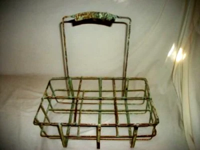 PRIMITIVE ANTIQUE MILK BOTTLE CARRIER HOLDER METAL CHIPPY RUSTY PAINT LAYERS - Image 1 of 4