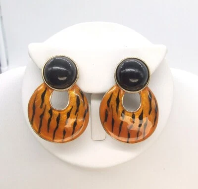 Pendientes perforados 1 5/8" MJ botón negro lámina dorada aro de tigre imitación puerta llamador Foto 1 de 4