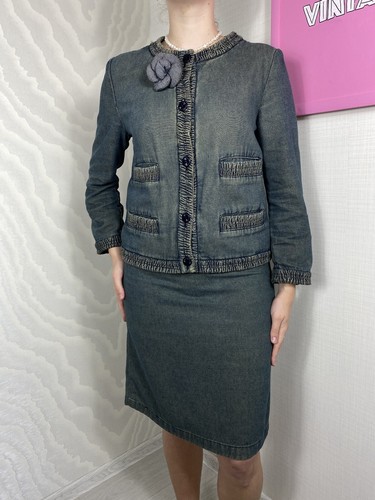 Rara giacca blazer tuta denim vintage Chanel 2001 + minigonna set quattro tasche