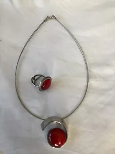 Parure Collier + Bague Rouge Bijou Fantaisie B065 - Foto 1 di 8