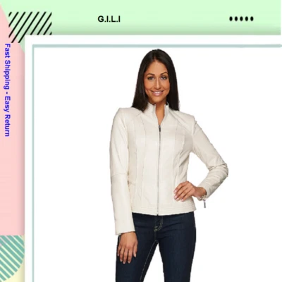 G.I.L.I. Chaqueta de cuero frontal con cremallera con detalle de costura, tiza, talla 2, precio de venta sugerido por el fabricante $303 Foto 1 de 4