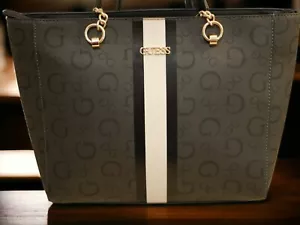 NEW WT GUESS FREDERICKSBURG CARRYALL TOTE SHOULDER BAG PURSE Black COAL STRIPE - Picture 1 of 13
