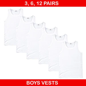 3/6/12 Pairs Kids Boys Vest 100% Cotton White Sleeveless School Uniform Vest - Picture 1 of 8