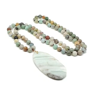 Amazonite Necklace Large Slice Crystal Pendant Long Beaded Boho Chakra Handmade - Picture 1 of 44