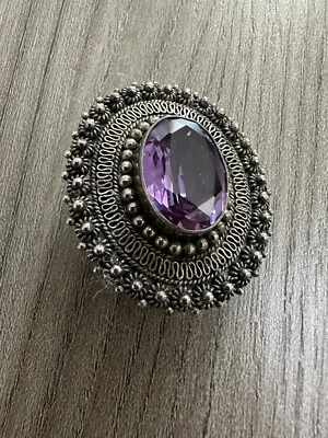 ANTICA SPILLA IN ARGENTO CON AMETISTA INCASTONATO - Immagine 1 di 3
