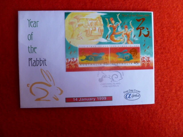 1999 AUST ALPHA PRIMER DÍA CUBIERTA AÑO DEL CONEJO HOJA MINIATURA Foto 1 de 1
