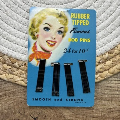 Vintage 1950s Bobby Pins Rubber Tipped Bob Pins NEW on Original Retro Print Card - Image 1 of 2