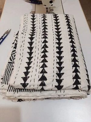 black and white kantha bedspread cotton throw king size block print bed cover - Image 1 of 4