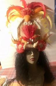 Handmade Feathered Tahitian Dance Head Piece. Beautiful New Tall 1 Of A Kind. - Picture 1 of 7