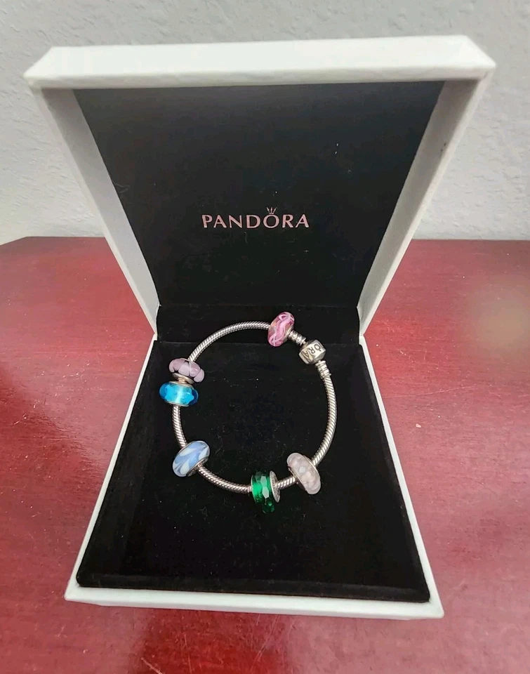 PANDORA 925 STERLING SILVER BRACELET W/(6) PANDORA 925 MURANO GLASS CHARMS. 7.5" - Image 1 of 4