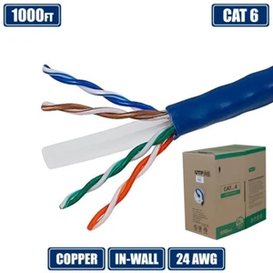 1000FT CAT6 Ethernet Network Bulk Cable UTP CM Stranded Wire Copper 24AWG Blue - Picture 1 of 2