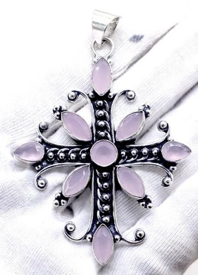 Colgante Cruz Hecho a Mano Joyería Piedras Preciosas Cuarzo Rosa Plata de Ley 925 Foto 1 de 2