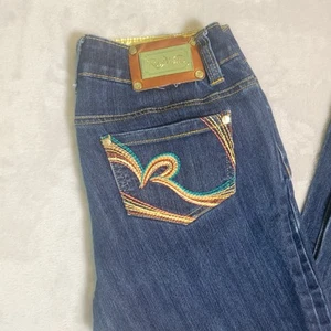 Y2K Rocawear Women's Low Rise Jeans Embroidered 30x32 Gold Logo Sz 3 - Picture 1 of 12
