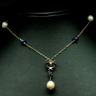 925 Sterling Silver White Pearl, Iolite & Sapphire Necklace 16.5 in 18K Gold - Image 1 of 4
