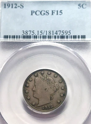 1912 S LIBERTY V NICKEL PCGS F15 - Image 1 of 4