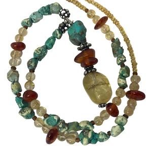 Vtg Artisan Turquoise Amber Citrine Beaded Y Pendant Necklace Sterling Silver - Picture 1 of 21