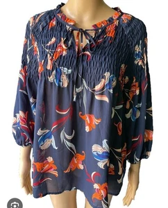 A.N.A BLUE FLORAL 3/4 SLEEVE BOHO PEASANT STYE BLOUSE SIZE L - Picture 1 of 5