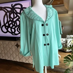MING WANG BLUE / GREEN BLACK OPEN FRONT KNIT CLASP JACKET SZ XL - Picture 1 of 10