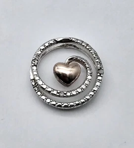 Sterling Silver Clear Gemstone Inlay Two-tone Heart Slide Petite Pendant - 1.5g - Picture 1 of 3