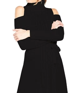 ROLL NECK KNITTED DRESS Cold Shoulder Front Cable Pattern Black UK SIZE 12 BNWT - Picture 1 of 8