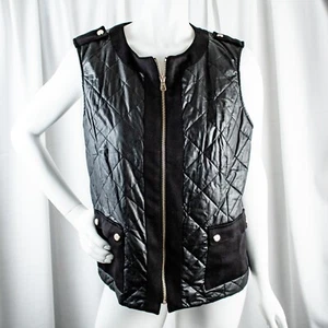 JONES NEW YORK New Black Leather Solid Gold Women Quilted Vest Jacket Size L - Picture 1 of 12