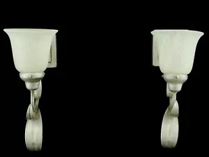 Pair of Vintage 1 Arm White Alabaster Shades Silver Steel Wall Sconces - Picture 1 of 14