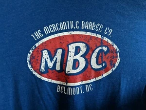 "The Mercantile Barber Company" Belmont NC Racing Logo XL Blue Cotton Tee-Shirt - Picture 1 of 3
