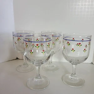 4er Set Vintage Wasser/Weinkelche mit Tulpen Design & blauem Rand - Bild 1 von 3