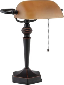 V-LIGHT Traditional Style CFL Banker's Desk Lamp with Amber Glass Shade - Picture 1 of 6
