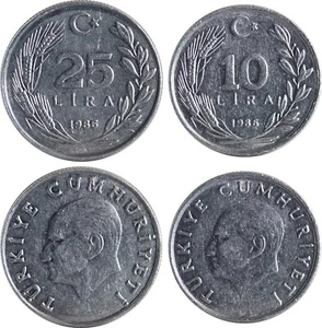 TÜRKEI/TURKEY (2) 10 + 25 Lira 1986 F+ (KM# 964 + 975) 'Atatürk' (Aluminium) - Picture 1 of 1