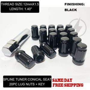 Fit Ford Escape Ranger Spline Tuner Acorn Lug Nut Cone Seat 12x1.5 Black 20pc - Picture 1 of 7